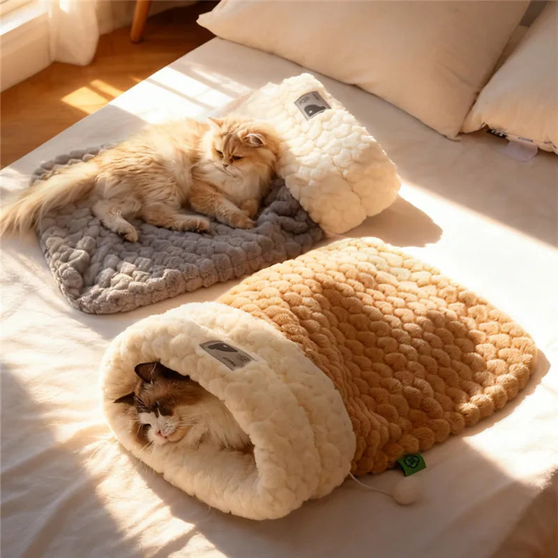 Sac de couchage douillet pour chat – lit grotte chaud en peluche