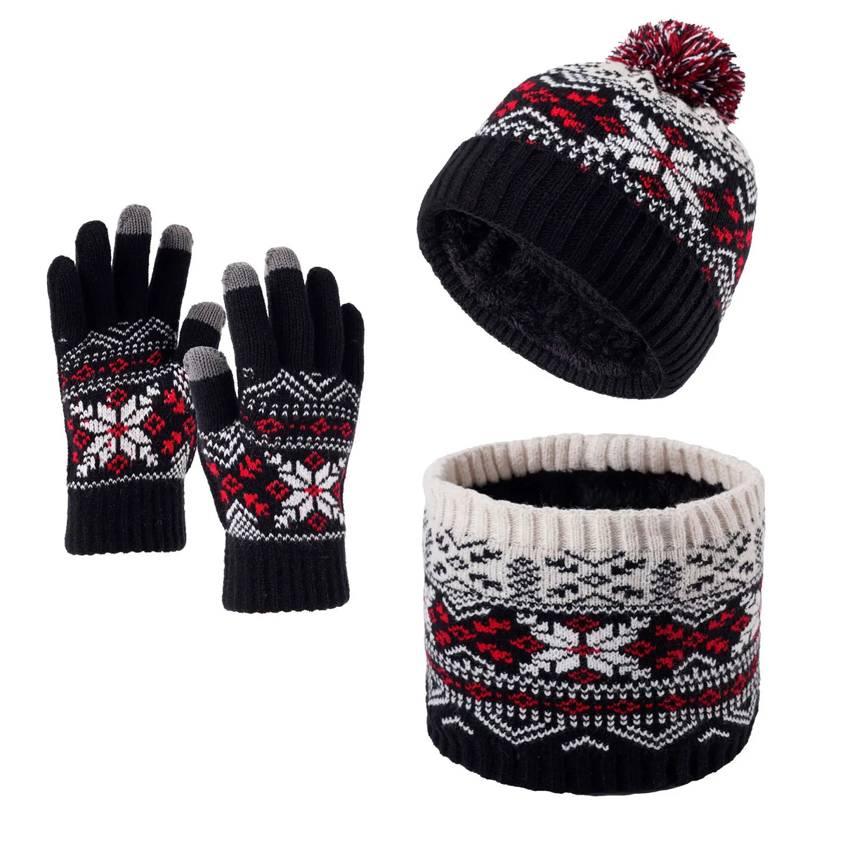 Ensemble bonnet, écharpe et gants enfant – tricot doublé polaire, motif flocon