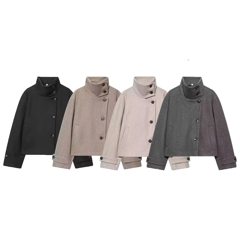 Manteau femme ample à col montant – boutonné, style minimaliste