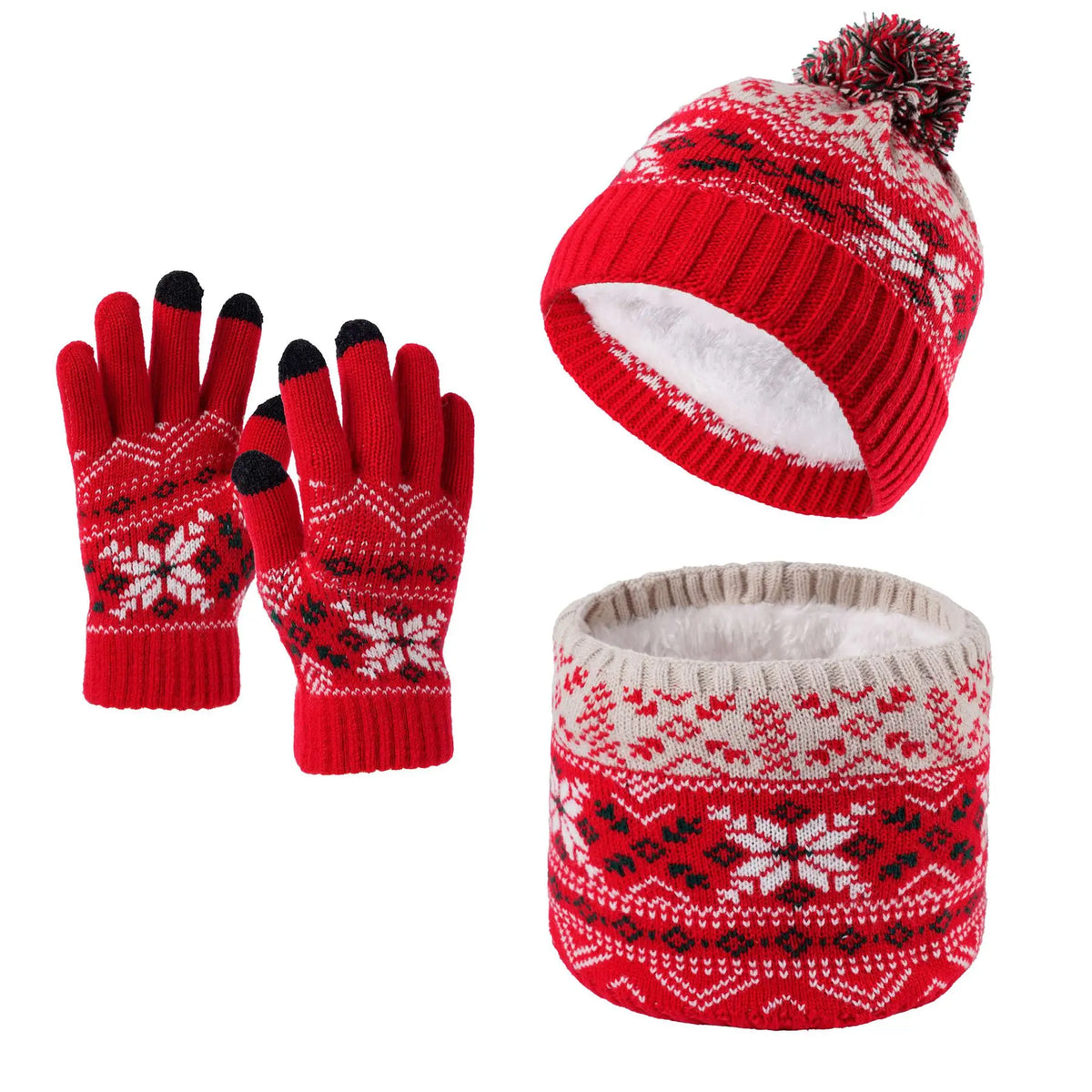 Ensemble bonnet, écharpe et gants enfant – tricot doublé polaire, motif flocon