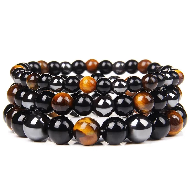 Bracelet en perles d'œil de tigre, obsidienne et hématite