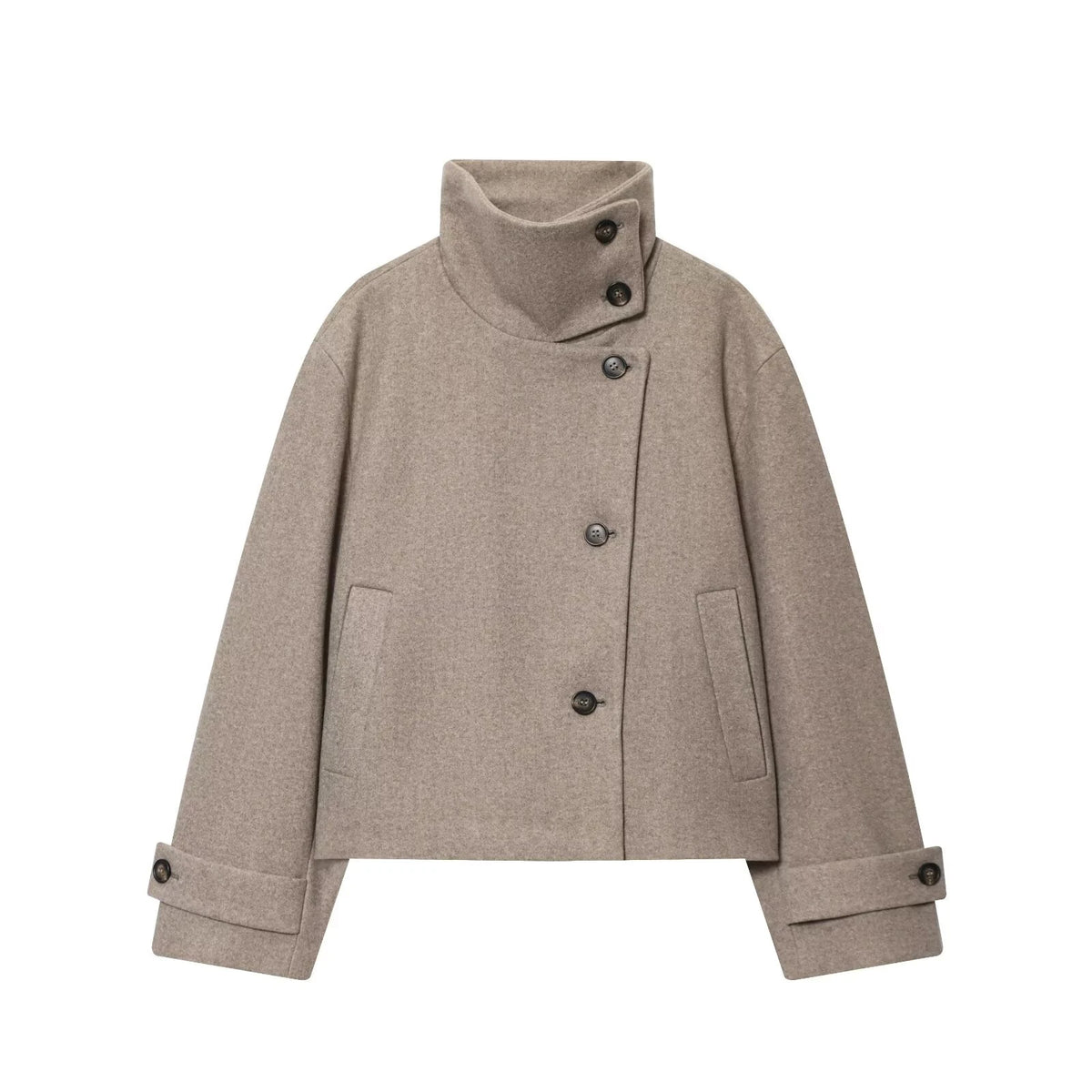 Manteau femme ample à col montant – boutonné, style minimaliste