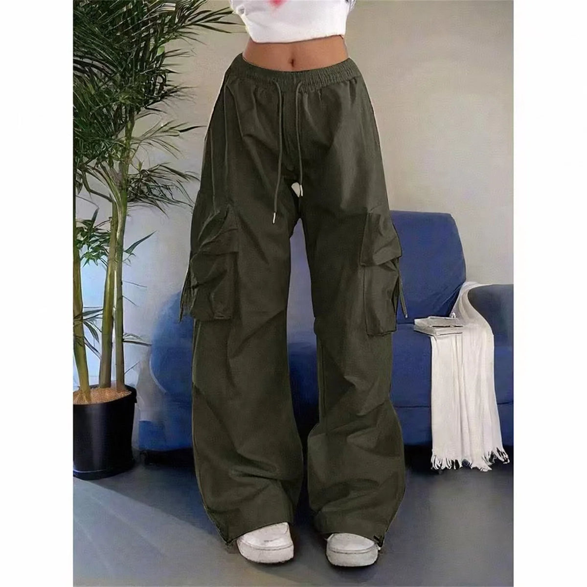 Pantalon large taille haute femme – poches, style vintage