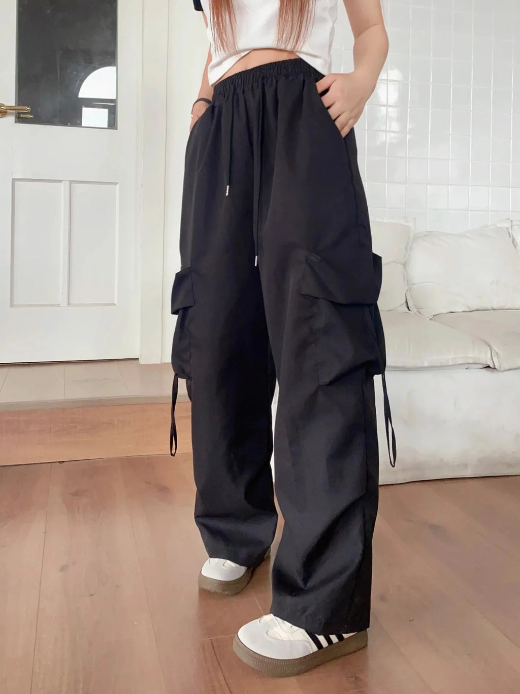 Pantalon large taille haute femme – poches, style vintage