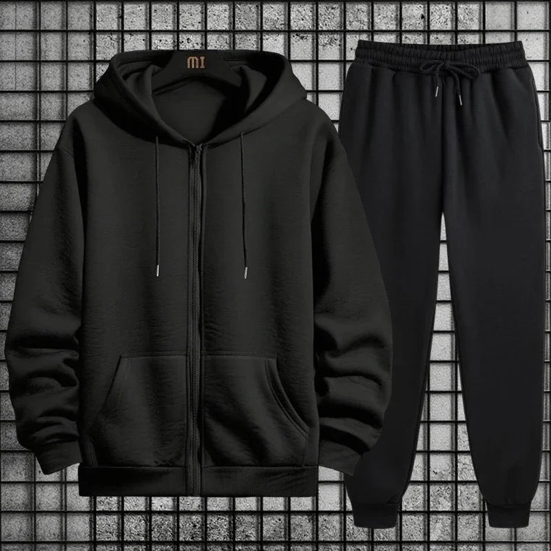 Survêtement homme 2 pièces uni – sweat zippé à capuche et jogging
