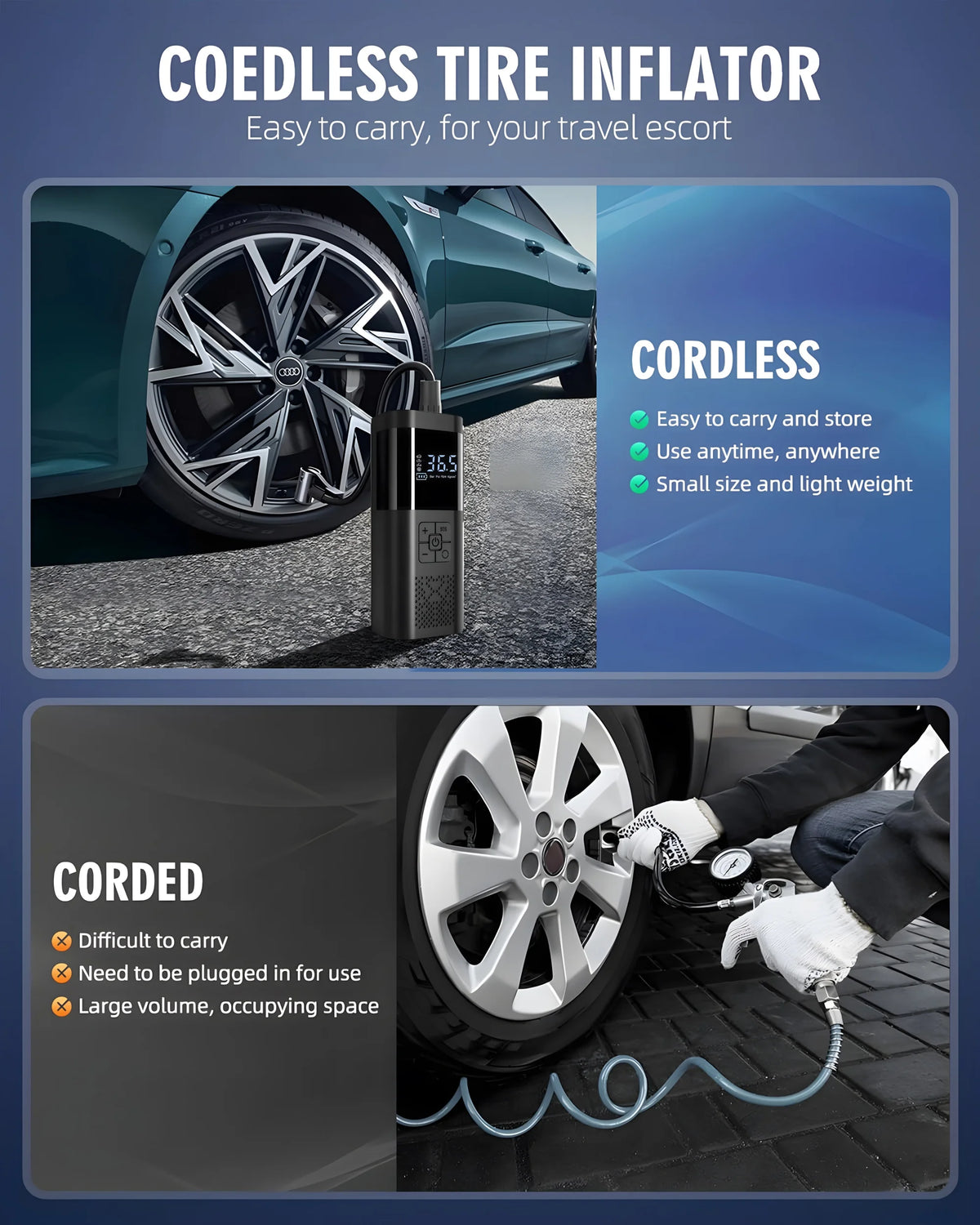 Gonfleur de pneus portable sans fil 150 PSI – écran numérique
