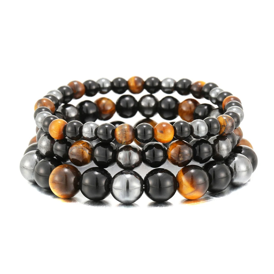 Bracelet en perles d'œil de tigre, obsidienne et hématite