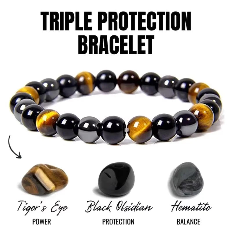 Bracelet en perles d'œil de tigre, obsidienne et hématite