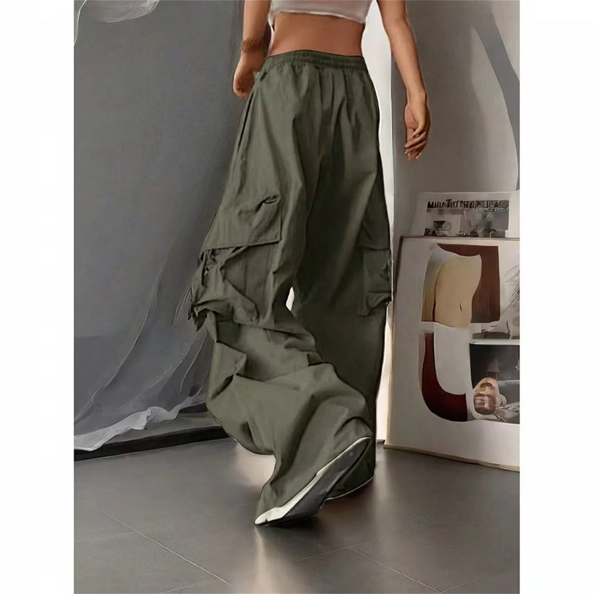 Pantalon large taille haute femme – poches, style vintage